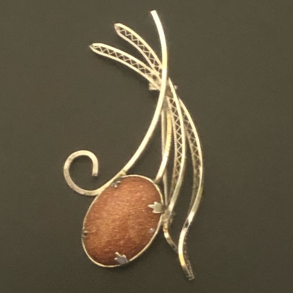 Sterling Silver Vine Brooch Pin with Orange Stone - Picture 2 of 5